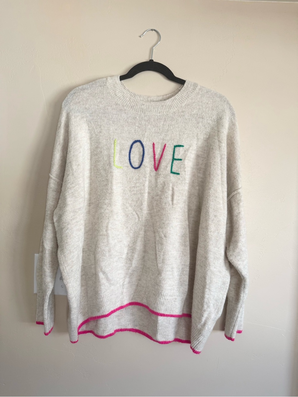 CECE Cream 'LOVE' Crewneck Sweater with Pink Trim